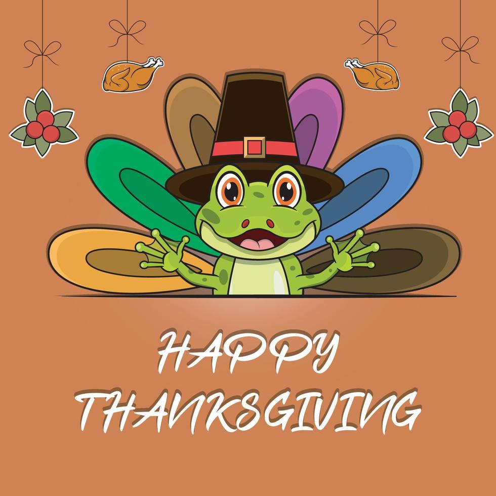 joyeux thanksgiving carte de voeux, affiche ou conception de célébration de flyer avec personnage de grenouille. vecteur