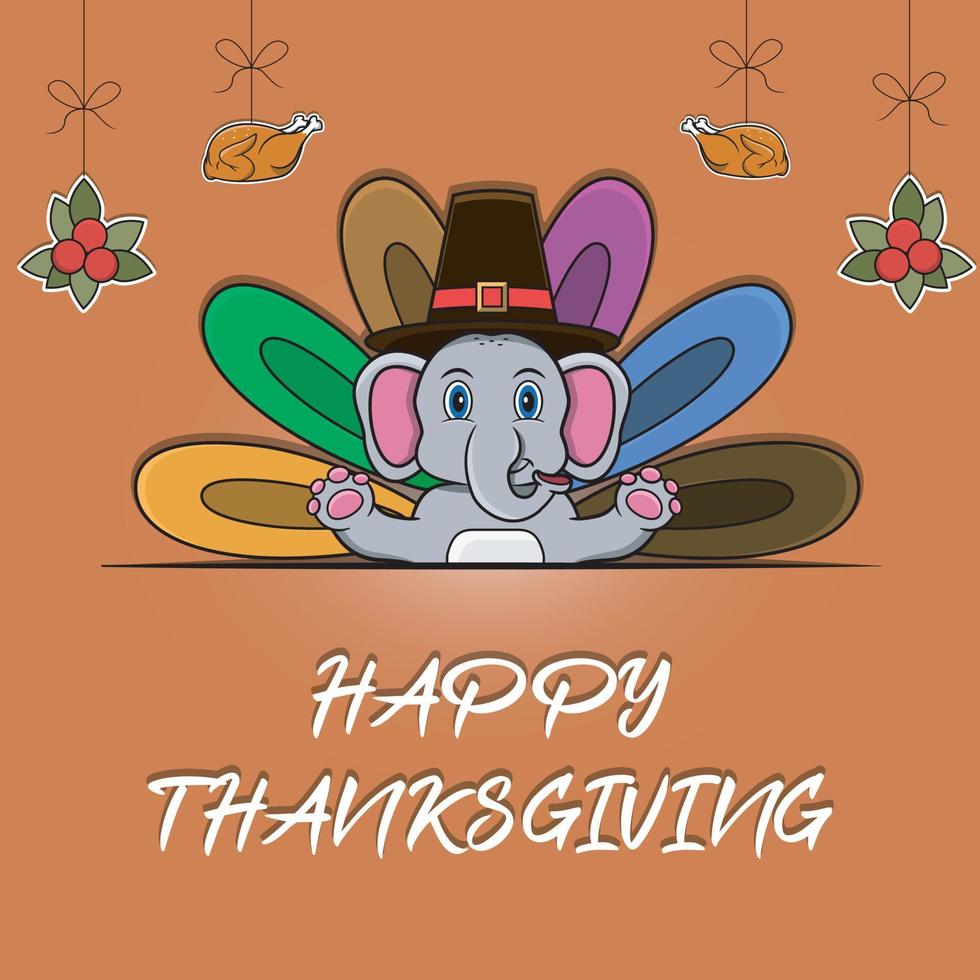 joyeux thanksgiving carte de voeux, affiche ou conception de célébration de flyer avec personnage d'éléphant. vecteur