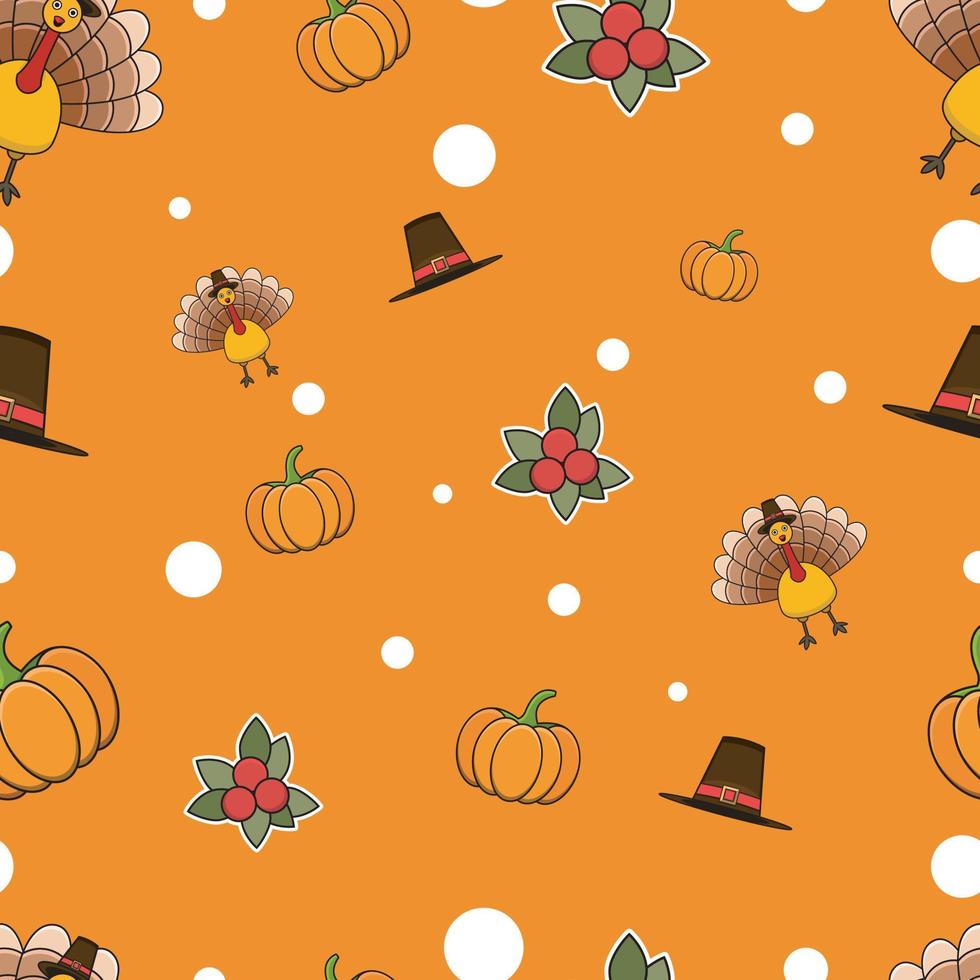 jolis motifs d'automne de pays sans couture pour les papiers peints et la conception de murs avec un oiseau de dinde, un chapeau, des citrouilles et des cerises. vecteur
