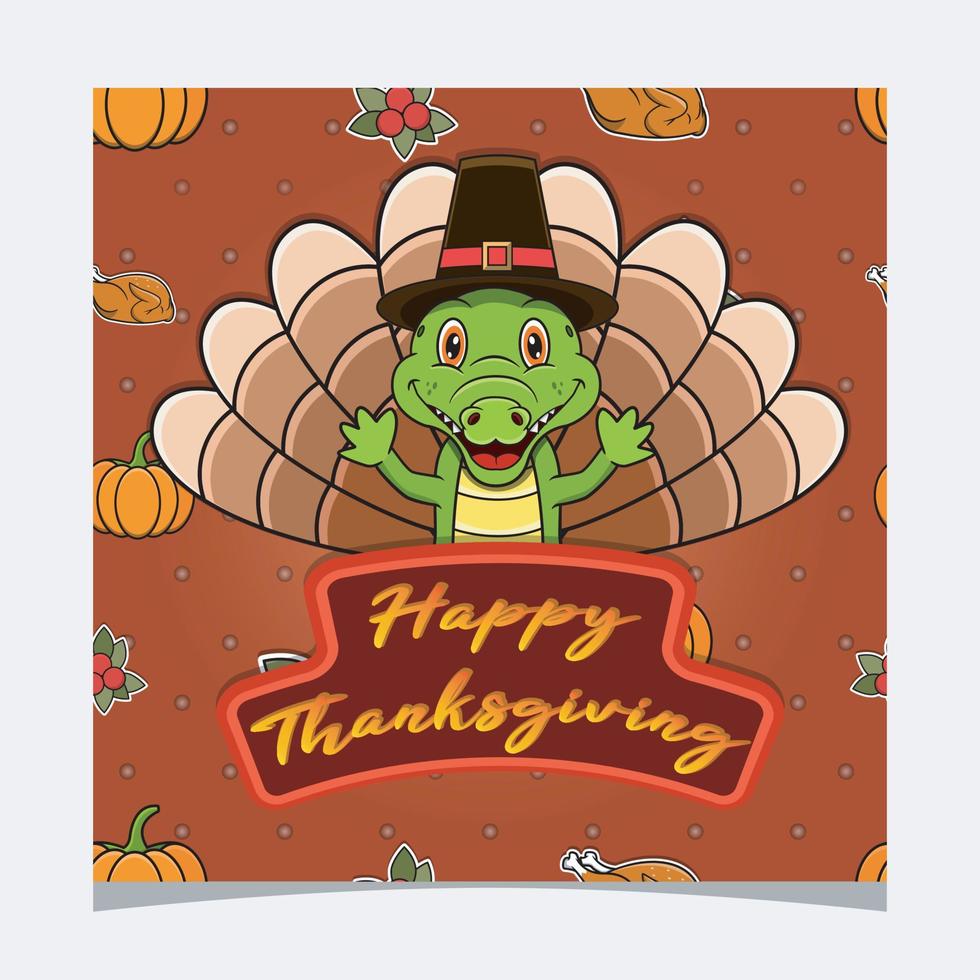 carte de Thanksgiving heureuse avec un joli design de personnage de crocodile. carte de voeux, affiche, flyer et invitation. vecteur