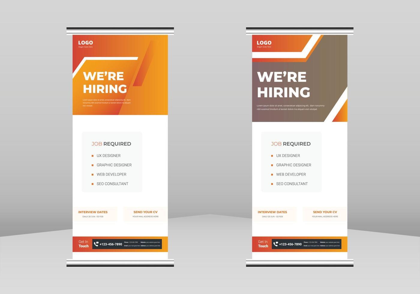 nous recrutons un design de bannière roll-up, nous embauchons un modèle de dépliant roll-up. nous embauchons un modèle d'affiche de flyer. embauche d'employés flyer dl, tendance entreprise retrousser la conception de bannières vecteur