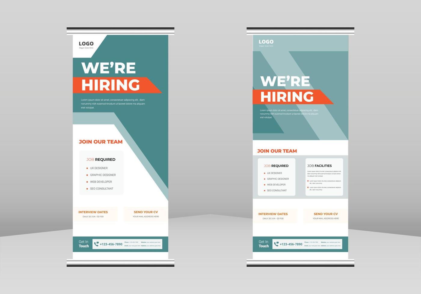 nous recrutons un design de bannière roll-up, nous embauchons un modèle de dépliant roll-up. nous embauchons un modèle d'affiche de flyer. embauche d'employés flyer dl, tendance entreprise retrousser la conception de bannières vecteur