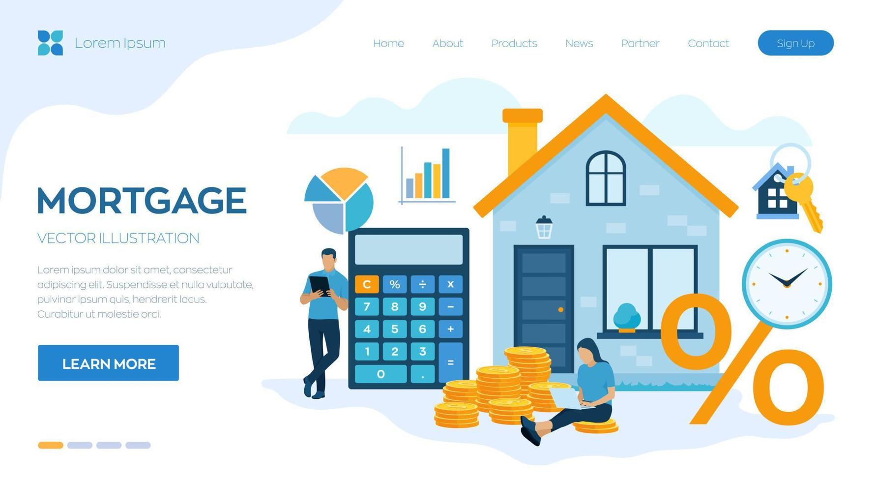 notion d'hypothèque. prêt immobilier ou investissement d'argent dans l'immobilier. contrat d'investissement en argent immobilier. famille achetant une maison. l'homme calcule le taux hypothécaire. illustration vectorielle avec des personnages. vecteur