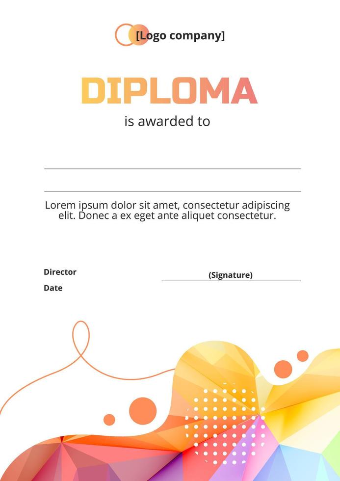 modèle de diplôme multicolore polygonal avec abstractions. diplôme plat du vainqueur des compétitions sportives, scientifiques et pédagogiques. vecteur