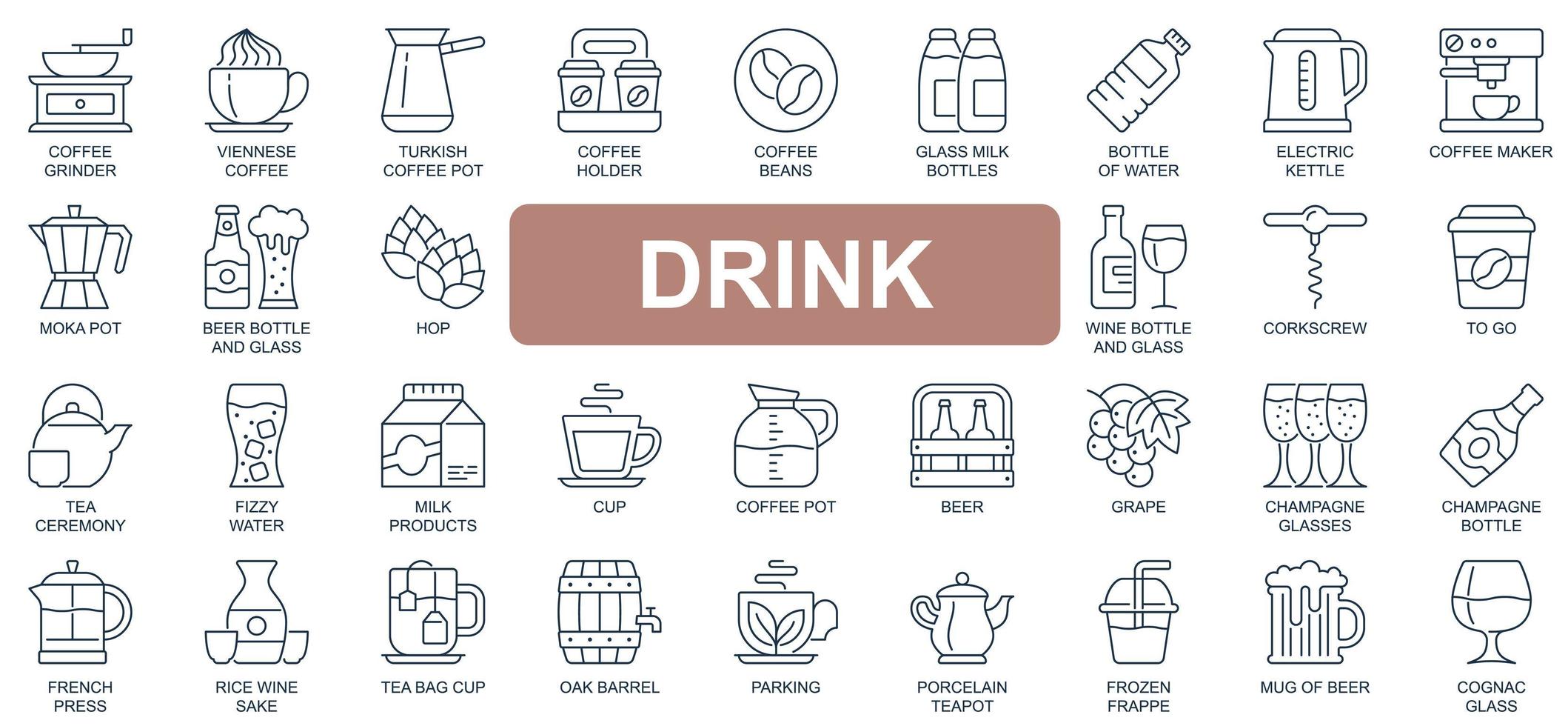 ensemble d'icônes de ligne simple concept de boisson. paquet de café, pot turc, haricots, lait, vin, cérémonie du thé, bière, champagne, cognac et autres. symboles de contour de pack vectoriel pour la conception de sites Web ou d'applications mobiles