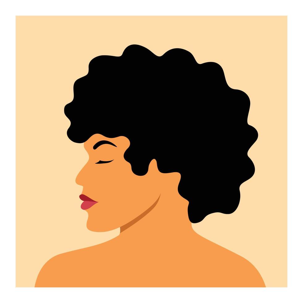 une femme aux cheveux courts et bouclés et à la peau foncée d'un point de vue latéral illustration. représentation de l'unité dans la diversité des différentes ethnies et cultures s'unissent pour l'égalité des femmes. vecteur