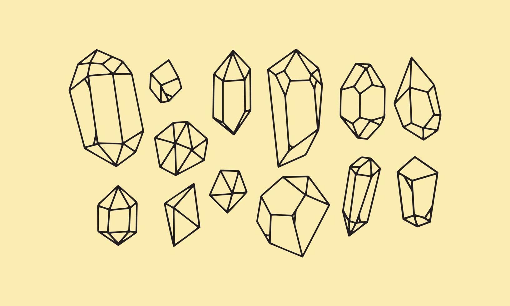 définir l'icône de lineart de cristal. kit d'éléments de contour de pierre minérale pour le jeu. diamant, émeraude, aigue-marine. illustration vectorielle simple cristal contour noir vecteur