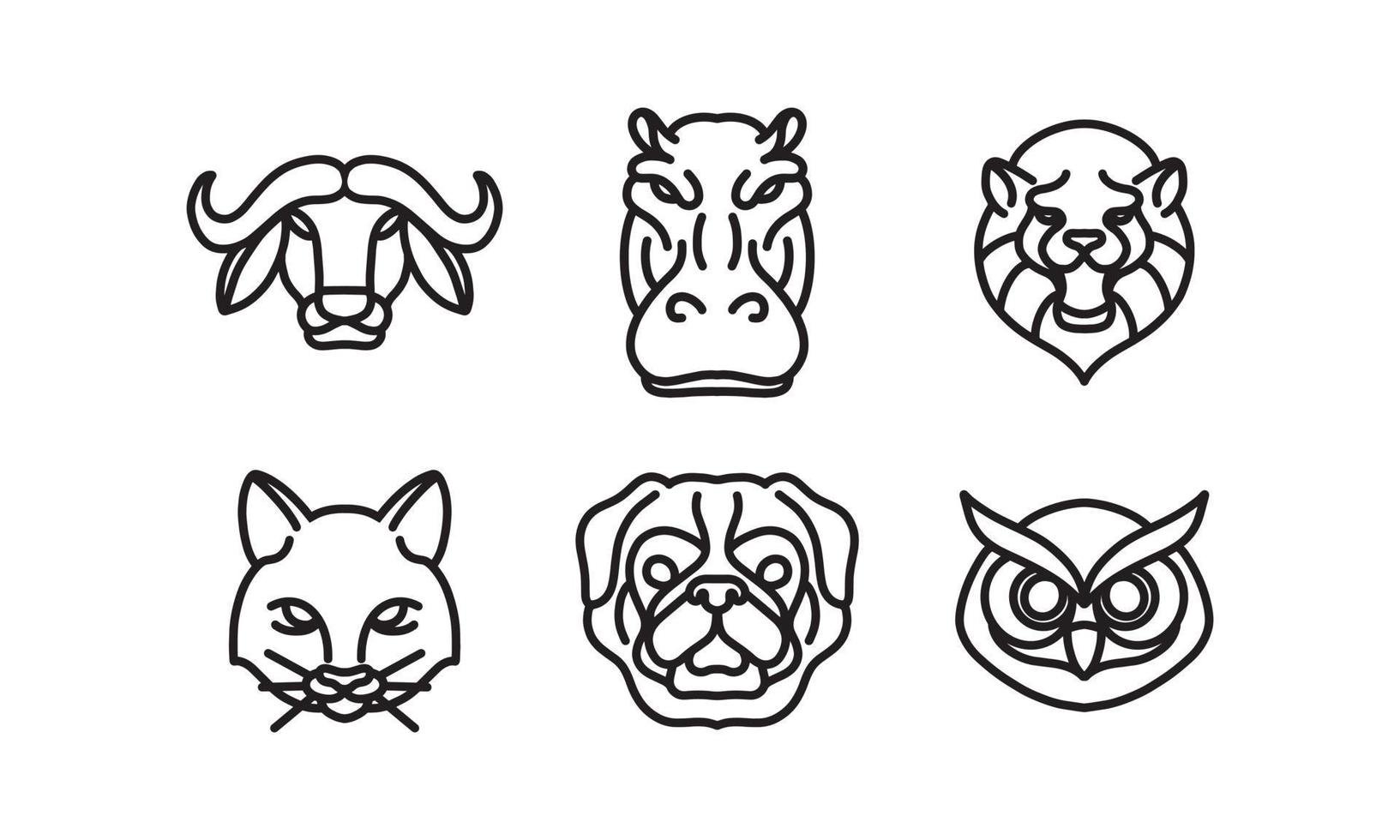 ensemble de 6 têtes d'animaux sauvages, icône de ligne de vecteur d'animal, dessin de ligne de vecteur de tête d'animal, illustration d'animal isolé