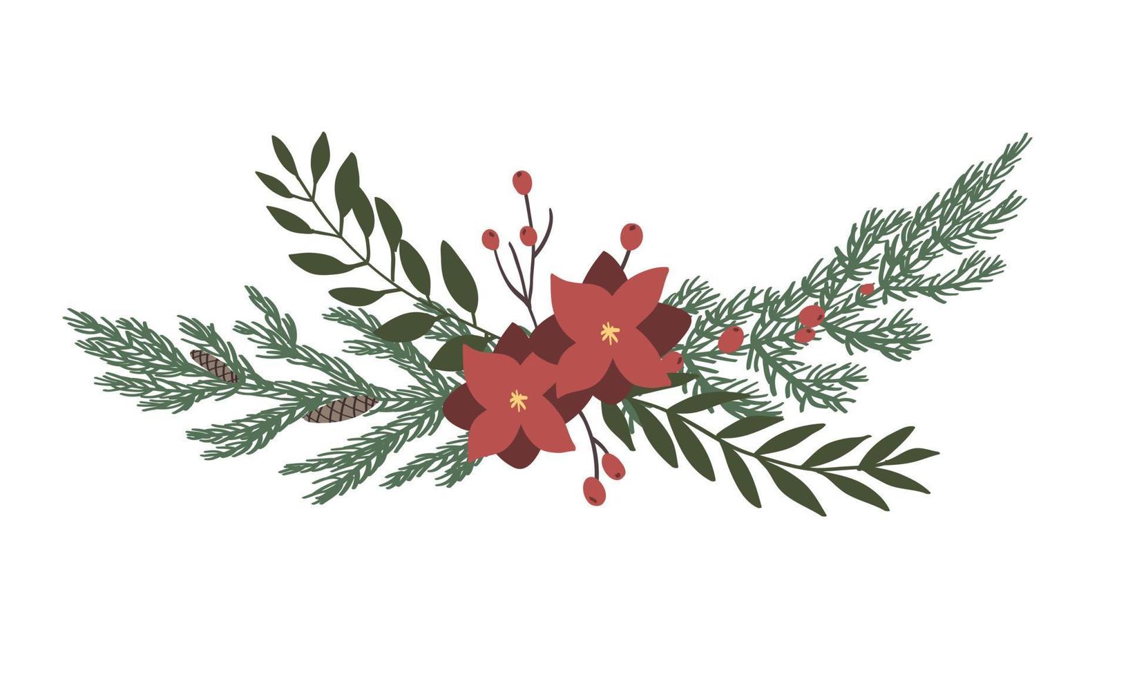 les feuilles et les fleurs de pin sont dessinées à la main dans des couronnes dans un fond isolé. éléments vectoriels pour les décorations de Noël vecteur
