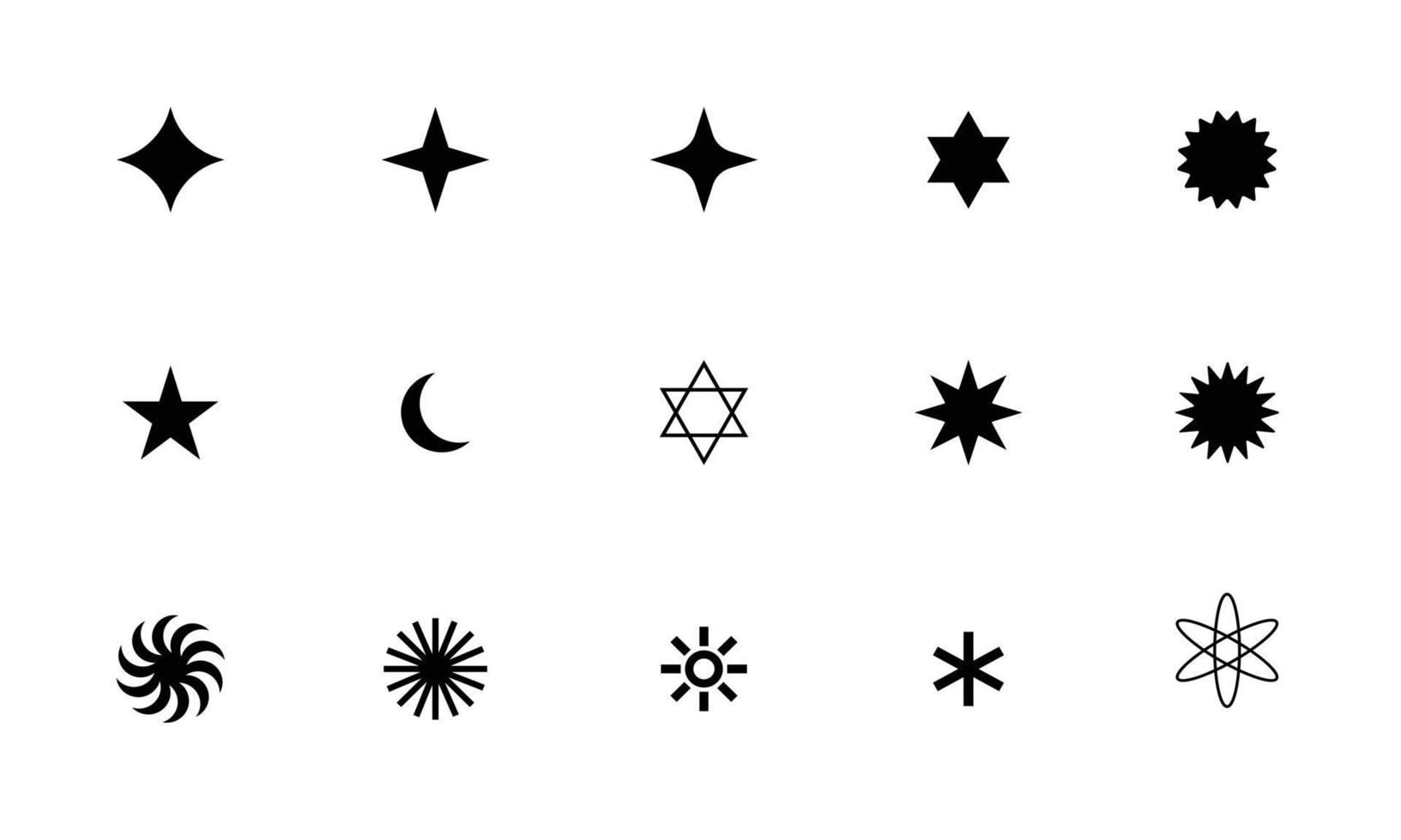 ensemble de collection d'icônes de divers types d'étoiles dans un style simple en noir et blanc. éléments de formes géométriques isolés sur fond blanc dans le vecteur de conception de logo.