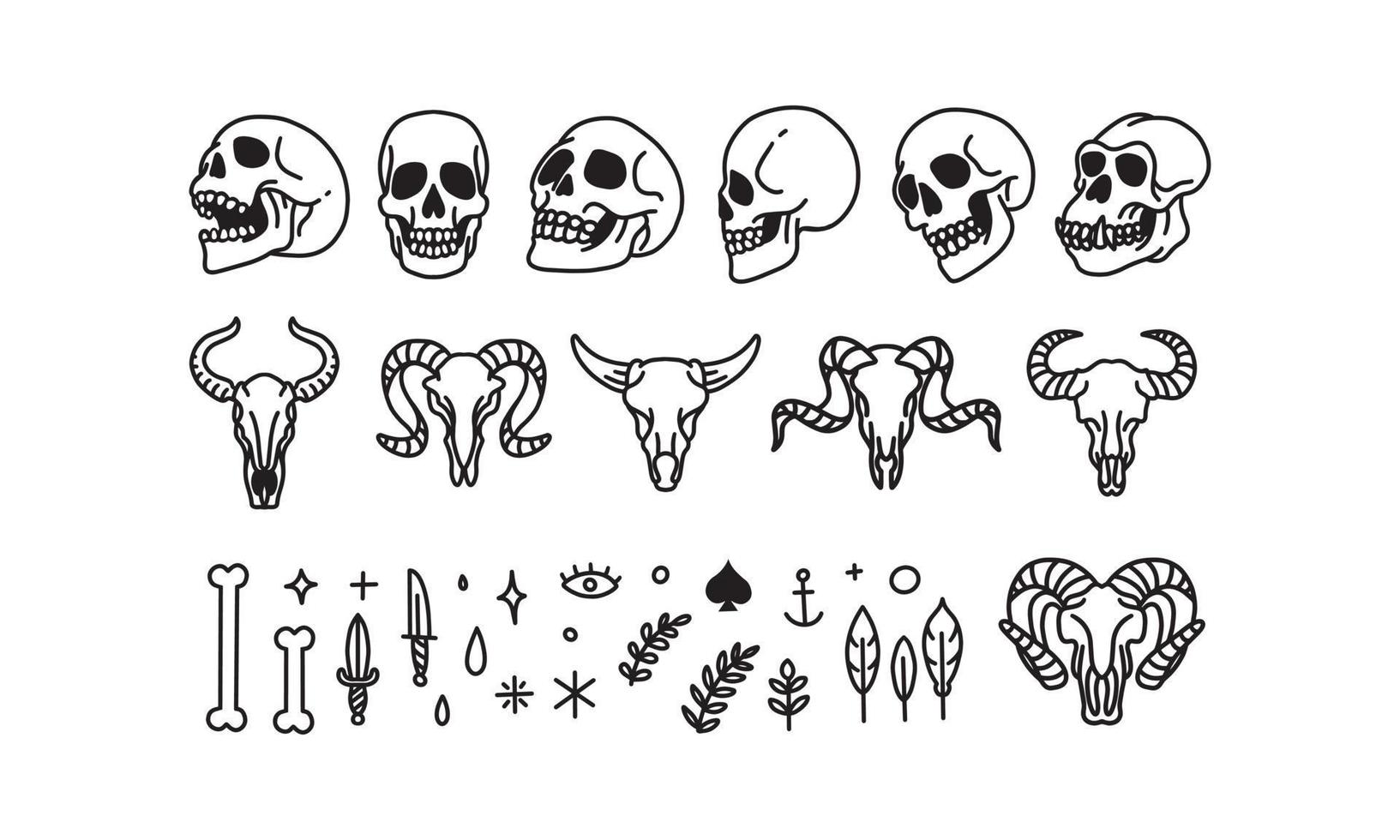 ensemble de crâne humain emblématique et d'animaux dessinés à la main. illustration vectorielle de dessin au trait vecteur