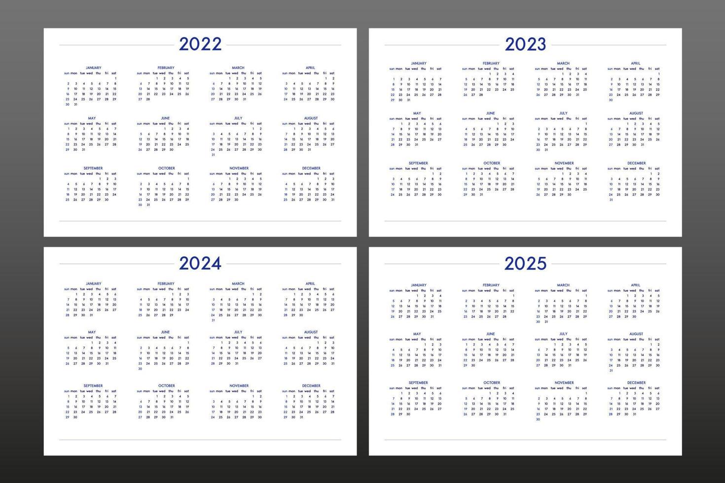 Calendrier 2022 2023 2024 2025 dans un style classique strict. calendrier de calendrier de table murale, conception d'entreprise restreinte minimale pour ordinateur portable et planificateur. la semaine commence le dimanche vecteur