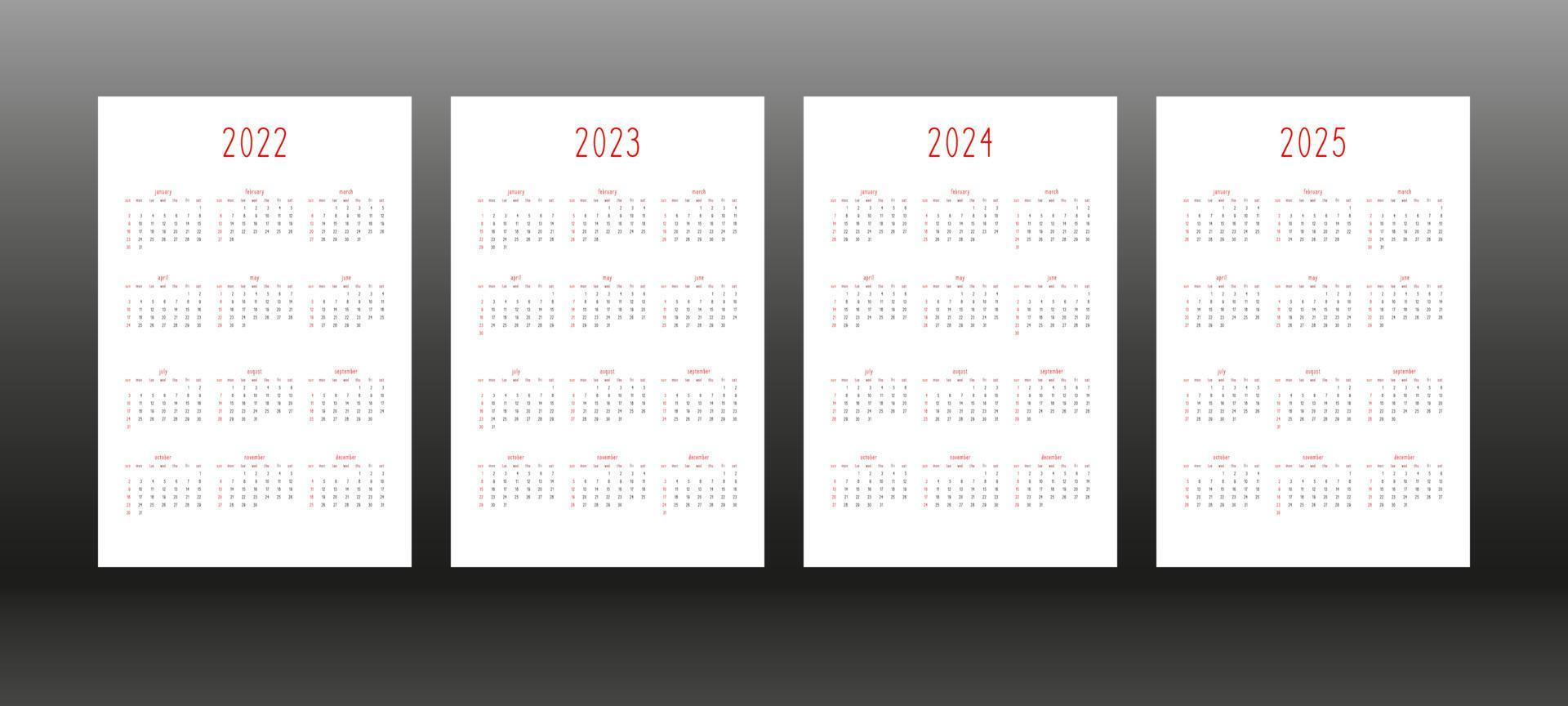 2022 2023 2024 2025 calendrier quotidien hebdomadaire mensuel modèle de journal de planificateur personnel dans un style minimaliste mignon. calendrier individuel pour les ordinateurs portables. la semaine commence le dimanche vecteur