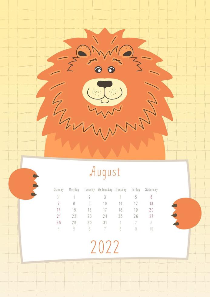 Calendrier d'août 2022, animal lion mignon tenant une feuille de calendrier mensuel, style enfantin dessiné à la main vecteur