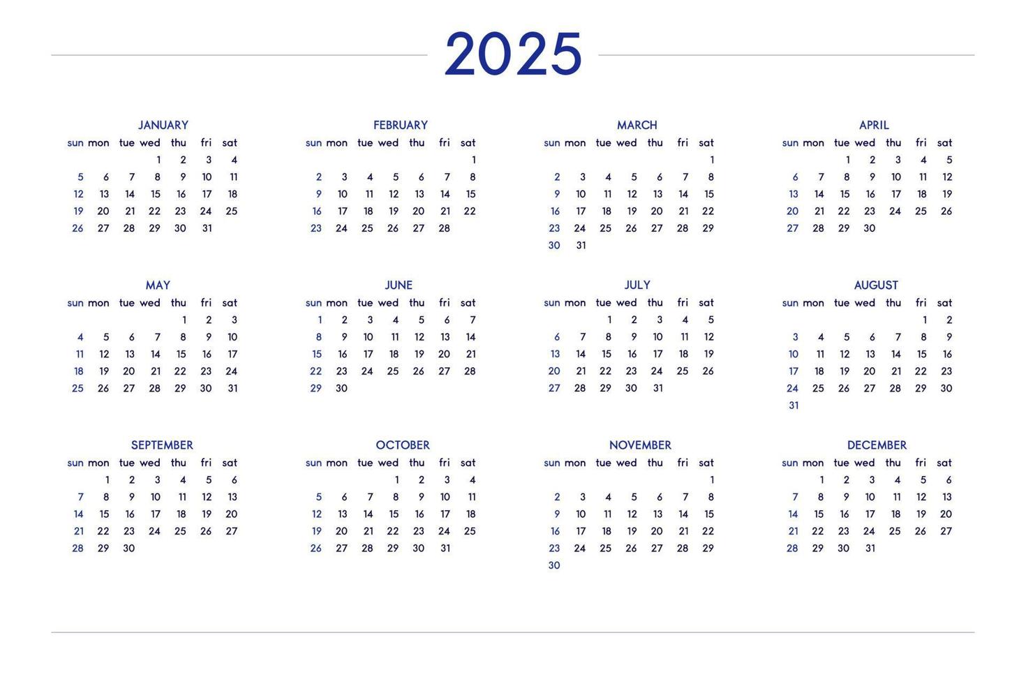 Calendrier 2025 défini dans un style strict classique. calendrier de calendrier de table murale, conception d'entreprise restreinte minimale pour ordinateur portable et planificateur. la semaine commence le dimanche vecteur