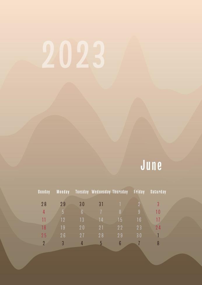 Calendrier vertical de juin 2023 chaque mois séparément. modèle de planificateur personnel mensuel. fond coloré dégradé abstrait silhouette pic, conception pour l'impression et le numérique vecteur