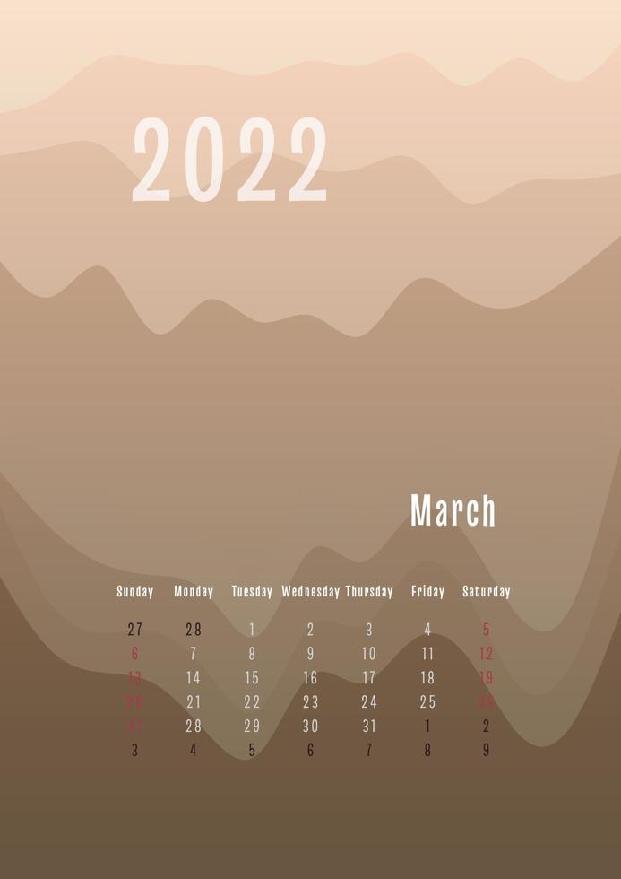 Calendrier vertical de mars 2022 chaque mois séparément. modèle de planificateur personnel mensuel. fond coloré dégradé abstrait silhouette pic, conception pour l'impression et le numérique vecteur