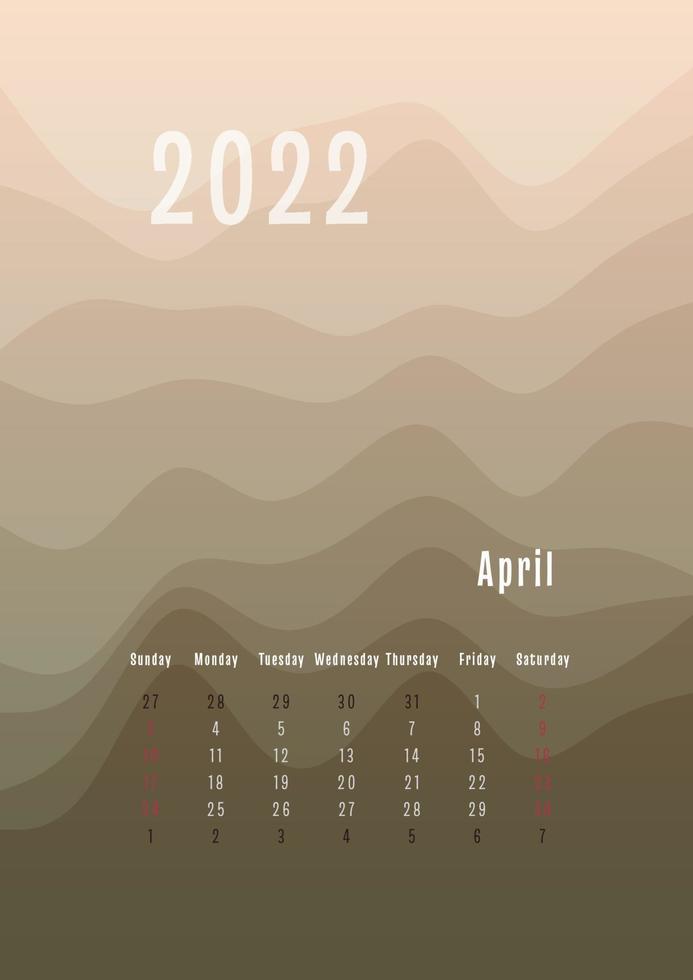 Calendrier vertical d'avril 2022 chaque mois séparément. modèle de planificateur personnel mensuel. fond coloré dégradé abstrait silhouette pic, conception pour l'impression et le numérique vecteur