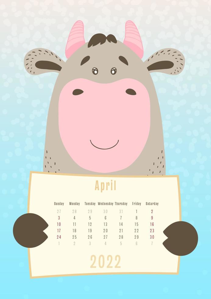 Calendrier d'avril 2022, animal de vache mignon tenant une feuille de calendrier mensuel, style enfantin dessiné à la main vecteur