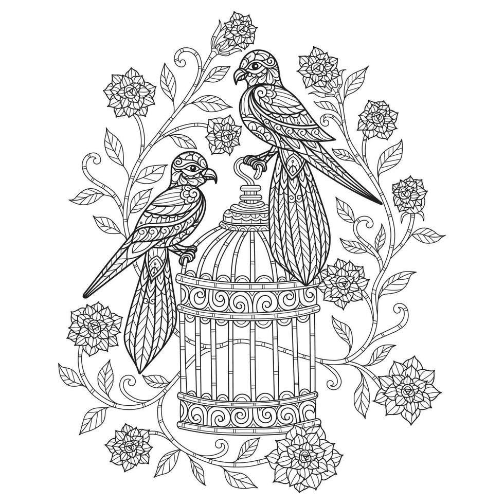 oiseaux et cage dessinés à la main pour un livre de coloriage pour adultes vecteur