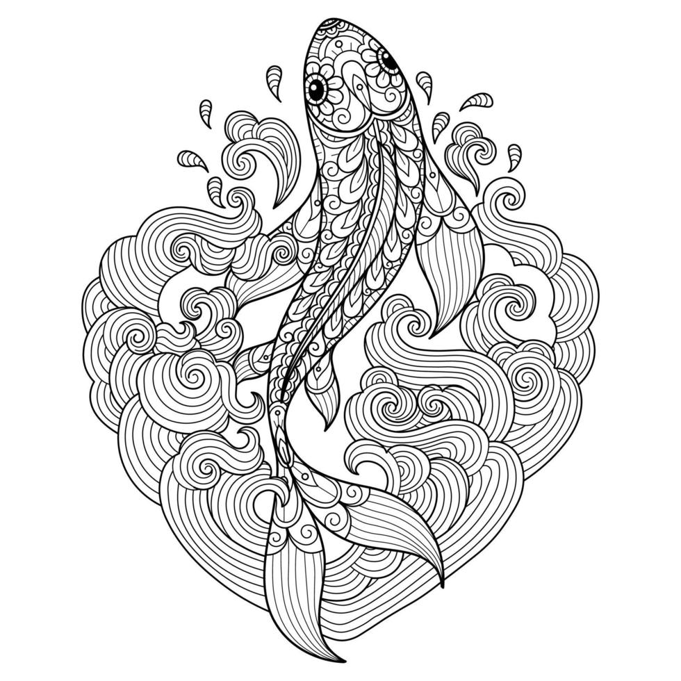 poissons et coeur vagues dessinés à la main pour un livre de coloriage pour adultes vecteur