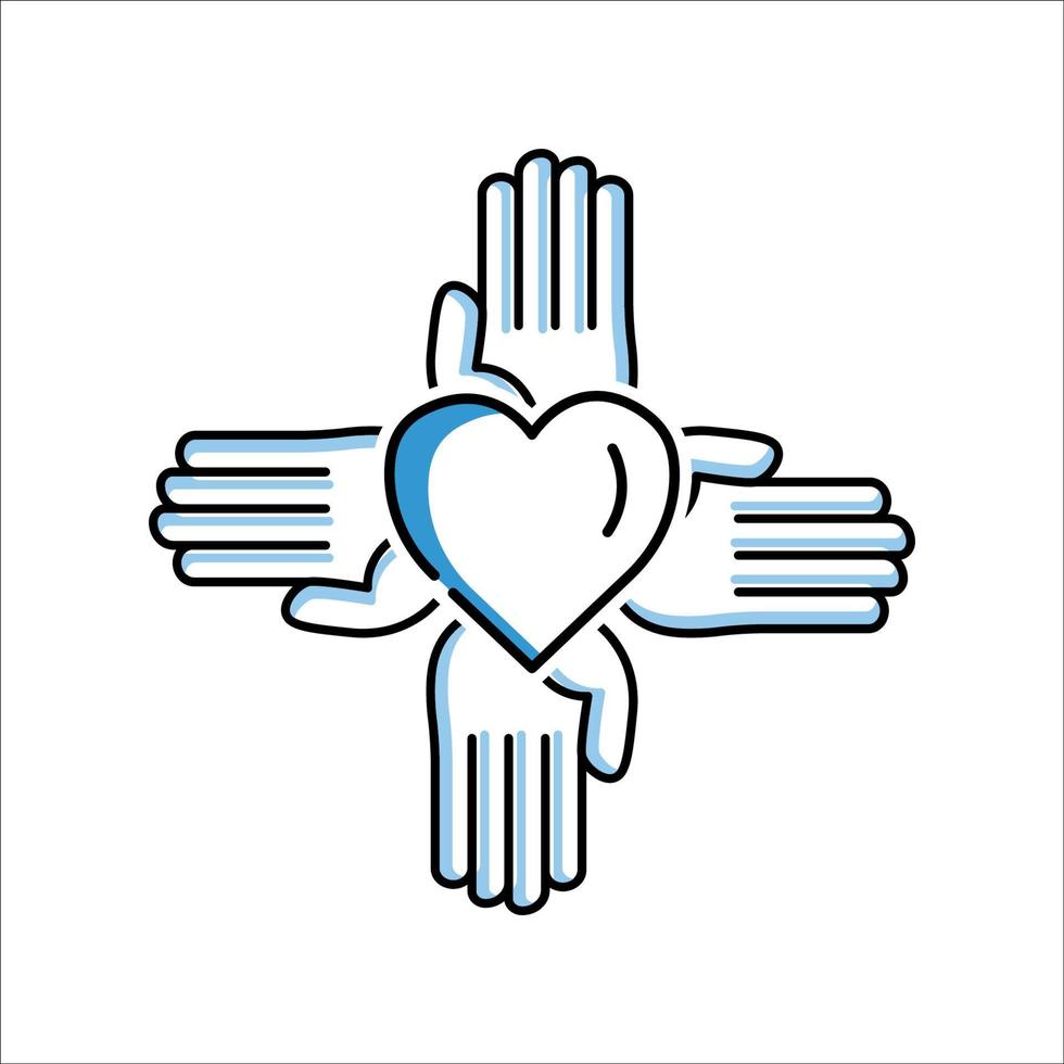 icône à quatre mains avec coeur... symbole de charité, don. conception colorée de ligne à deux tons. l'icône peut être utilisée pour l'icône d'application, l'icône Web, l'infographie. trait modifiable. vecteur de modèle de conception