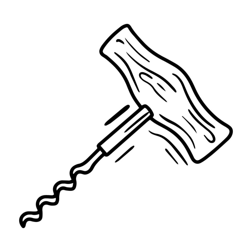 icône de vecteur linéaire tire-bouchon à vin en bois dans le style doodle