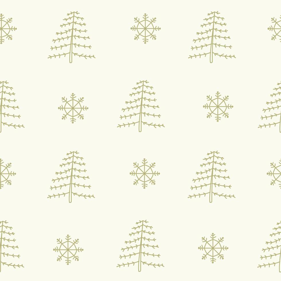 motif jaune avec des lignes d'arbres de Noël et des flocons de neige verts doodle. texture d'hiver, textiles, papier peint pour enfants. vecteur