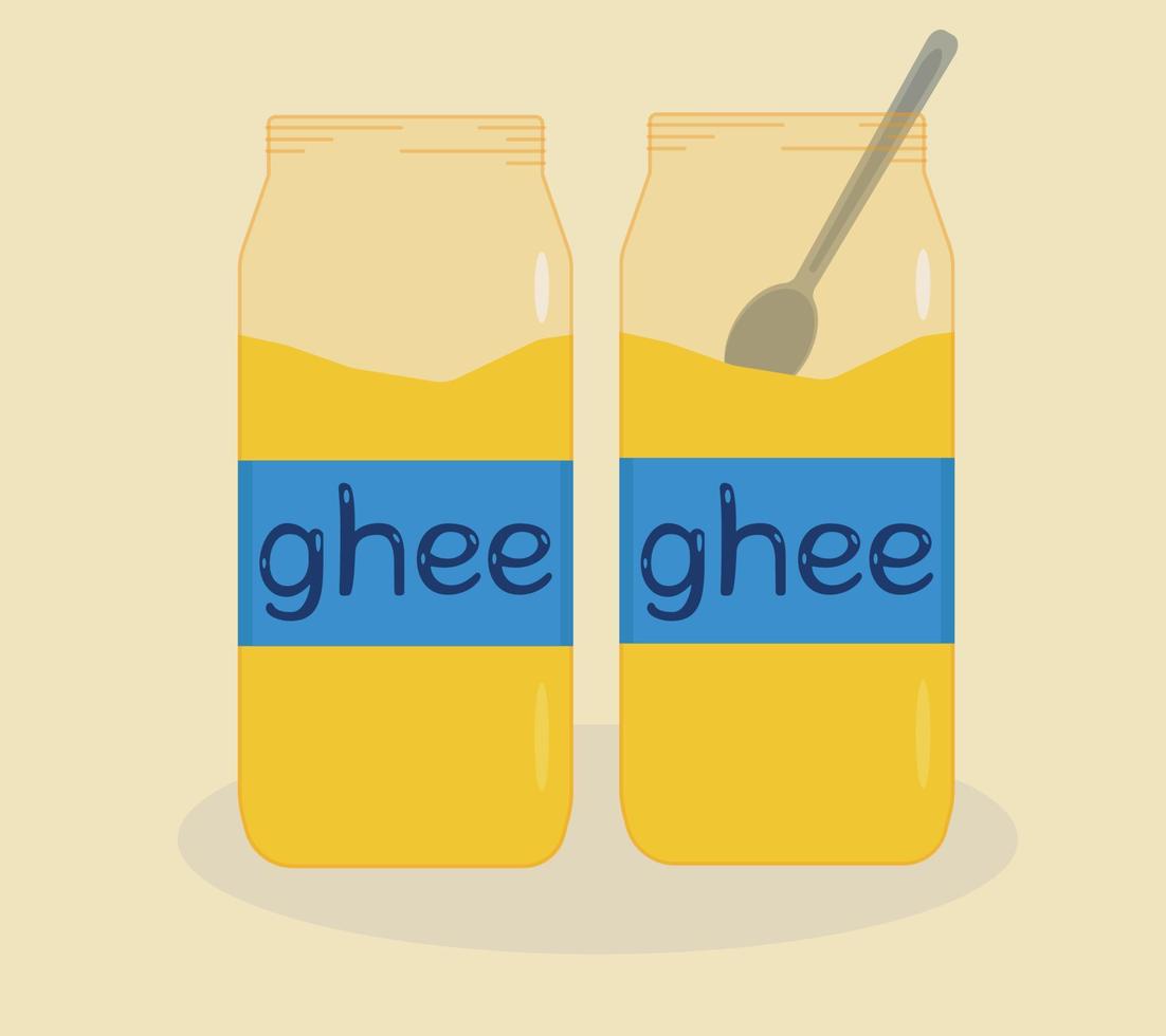 pot de beurre de ghee naturel, huile. ghee avec une cuillère. illustration vectorielle plane vecteur