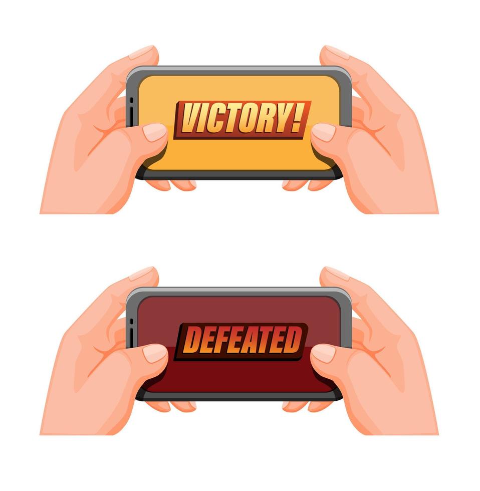 main tenant un smartphone avec victoire et jeu d'icônes pop-up vaincu, symbole d'esport de jeu mobile dans un vecteur d'illustration de dessin animé