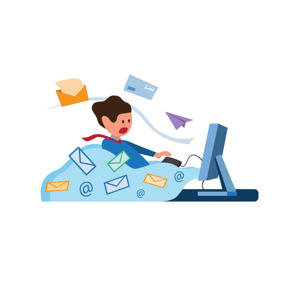 employé de bureau avec plein d'enveloppes et d'e-mails sortant de l'ordinateur, message de boîte de réception plein, symbole d'illustration de spam par e-mail dans un vecteur de style plat