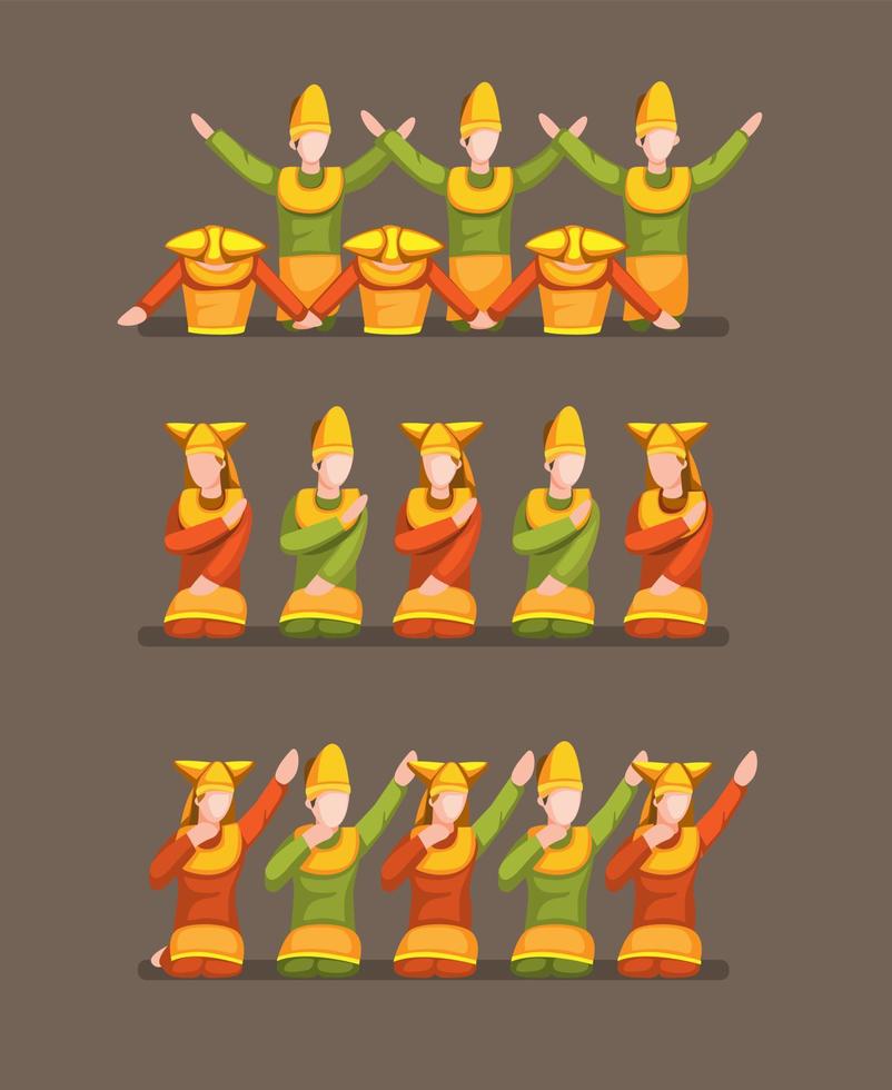 La danse indang est une danse islamique traditionnelle minangkabau originaire de l'ouest de sumatra, en indonésie. déplacer le concept de symbole de pose dans le vecteur d'illustration de dessin animé