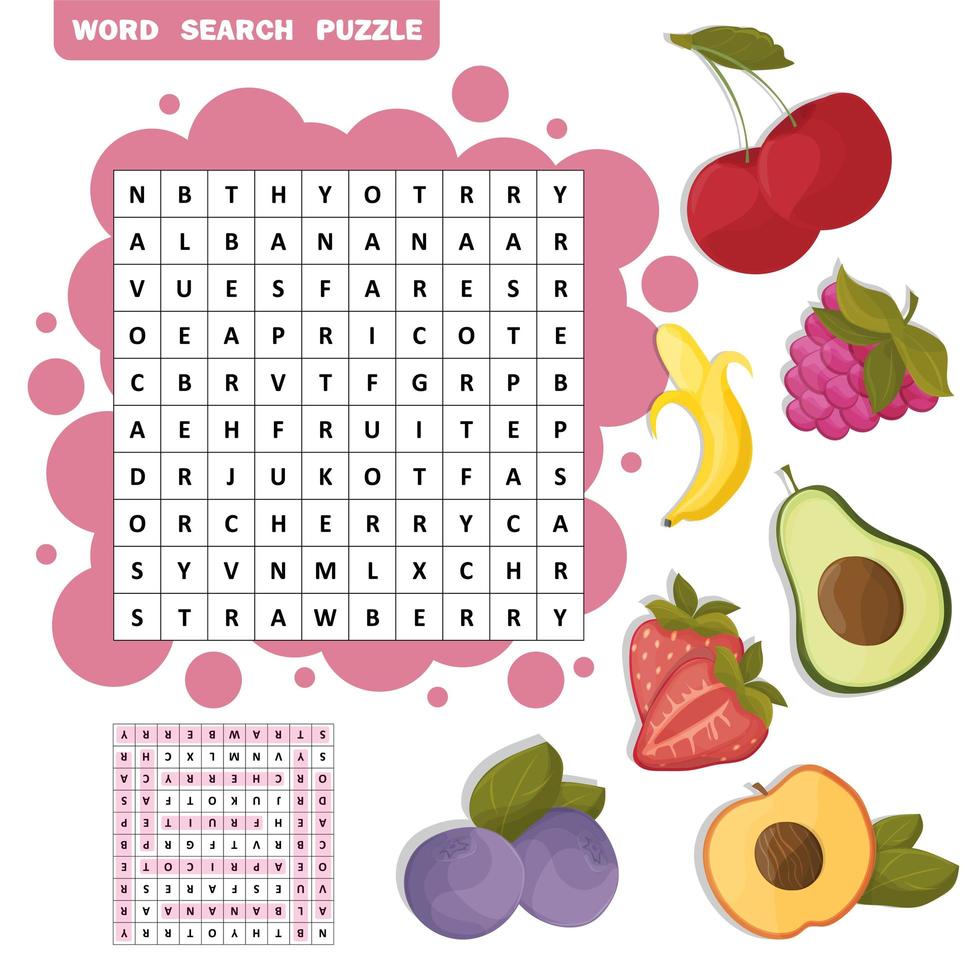 mots croisés vectoriels, jeu éducatif pour les enfants sur les fruits. puzzle de recherche de mots vecteur