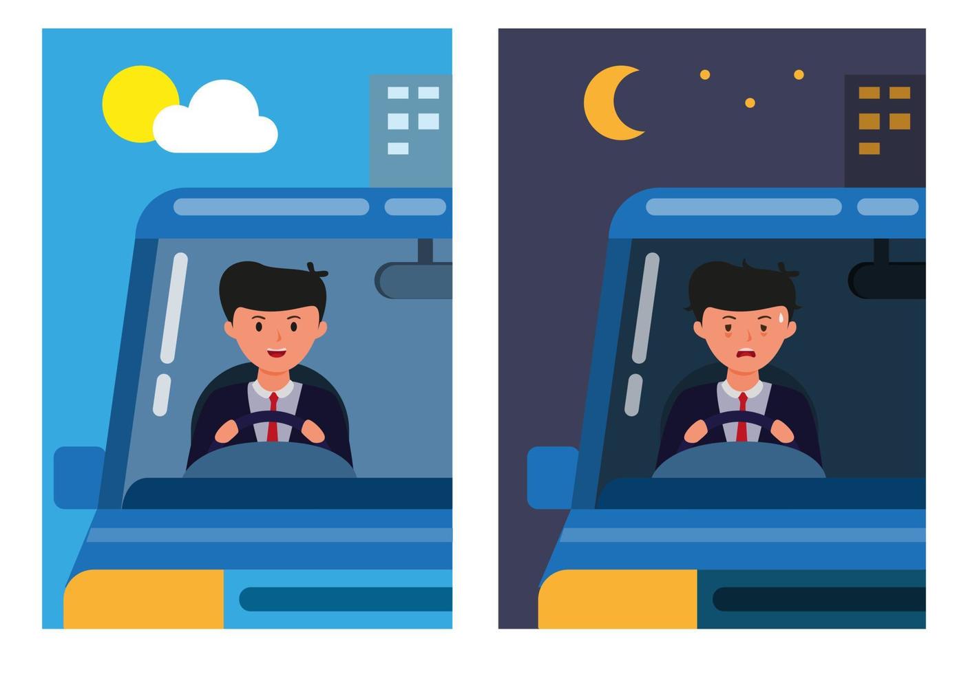 homme de bureau conduisant une voiture matin et soir. activités des travailleurs santé en forme et fatigué scène comparaison dessin animé plat illustration vecteur