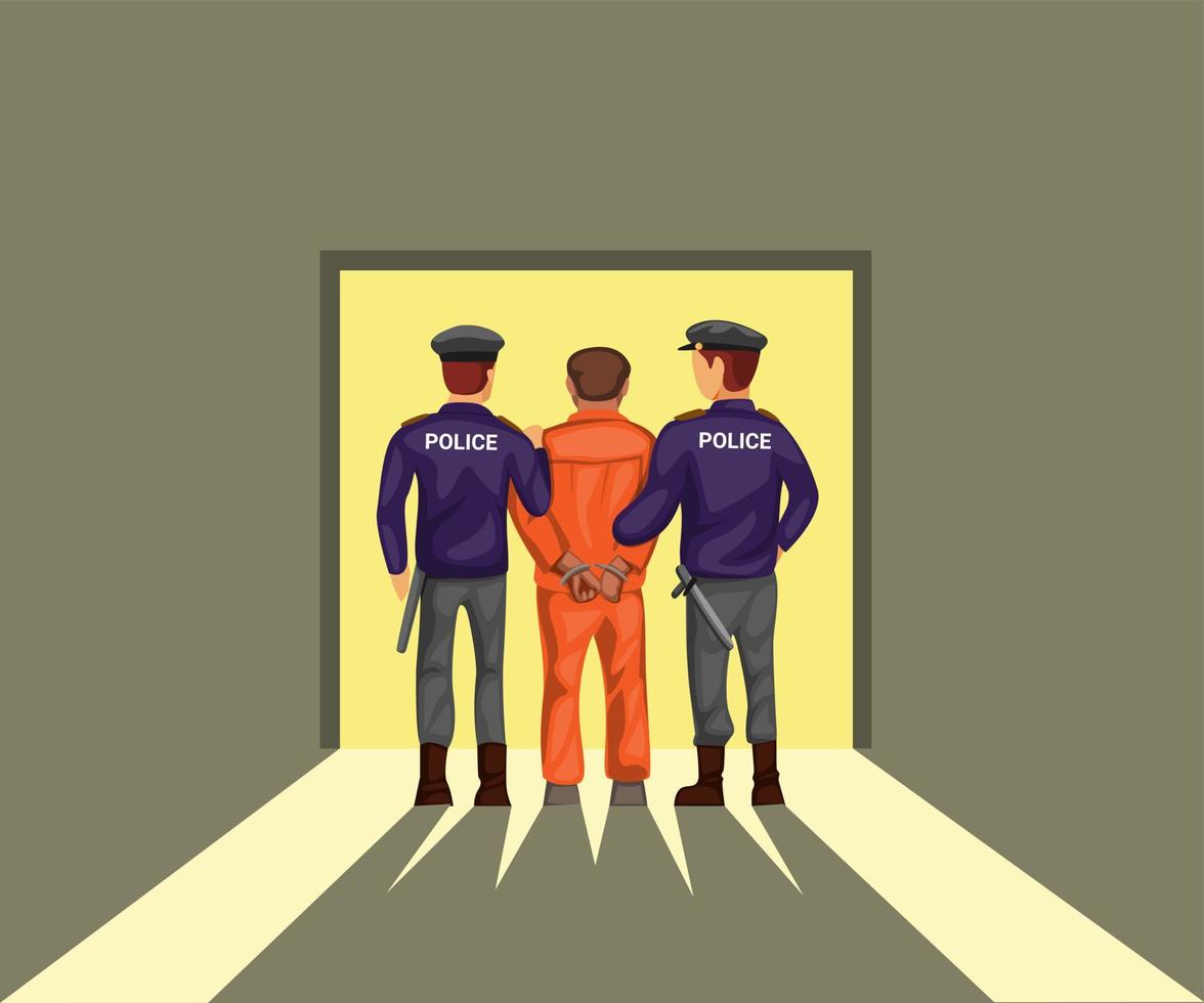 deux policiers mènent le criminel prisonnier de la vue arrière. concept en vecteur d'illustration de dessin animé