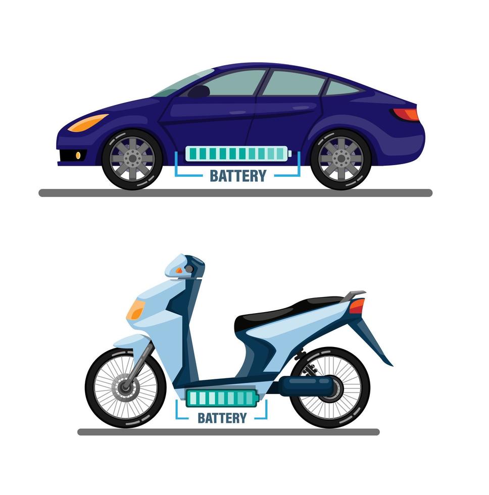 véhicule électrique, voiture et moto avec concept de symbole d'information de barre de batterie dans le vecteur d'illustration de dessin animé