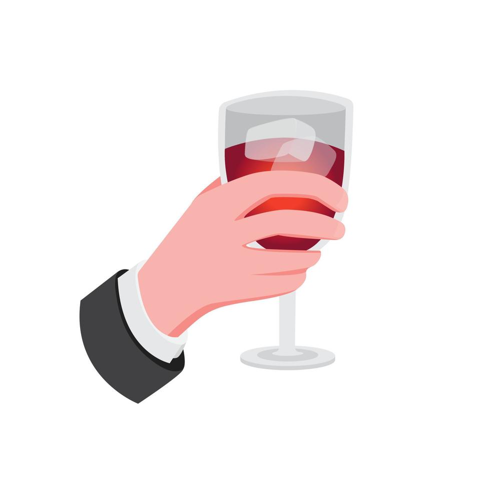 main tenant le vin dans le verre avec le vecteur d'illustration plat de dessin animé de cube de glace isolé sur fond blanc