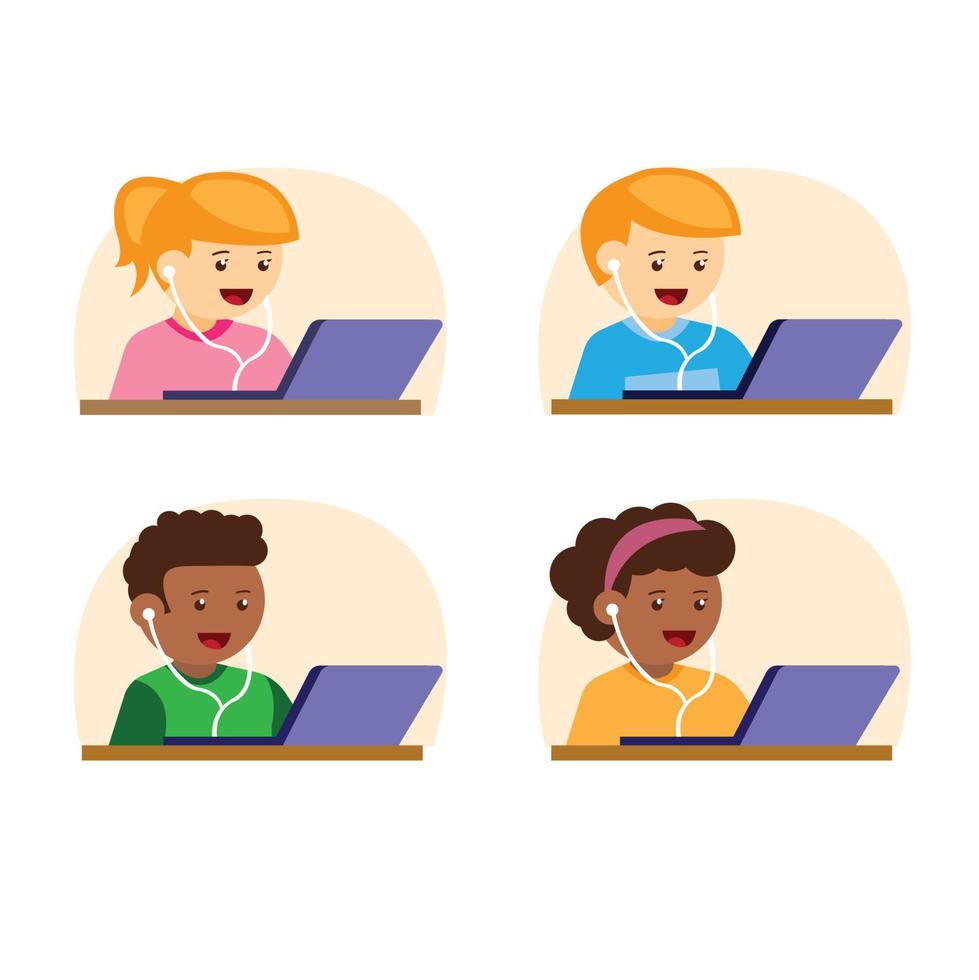 jeu d'icônes pour enfants utiliser un ordinateur portable, un ordinateur portable dans un vecteur d'illustration plat de dessin animé