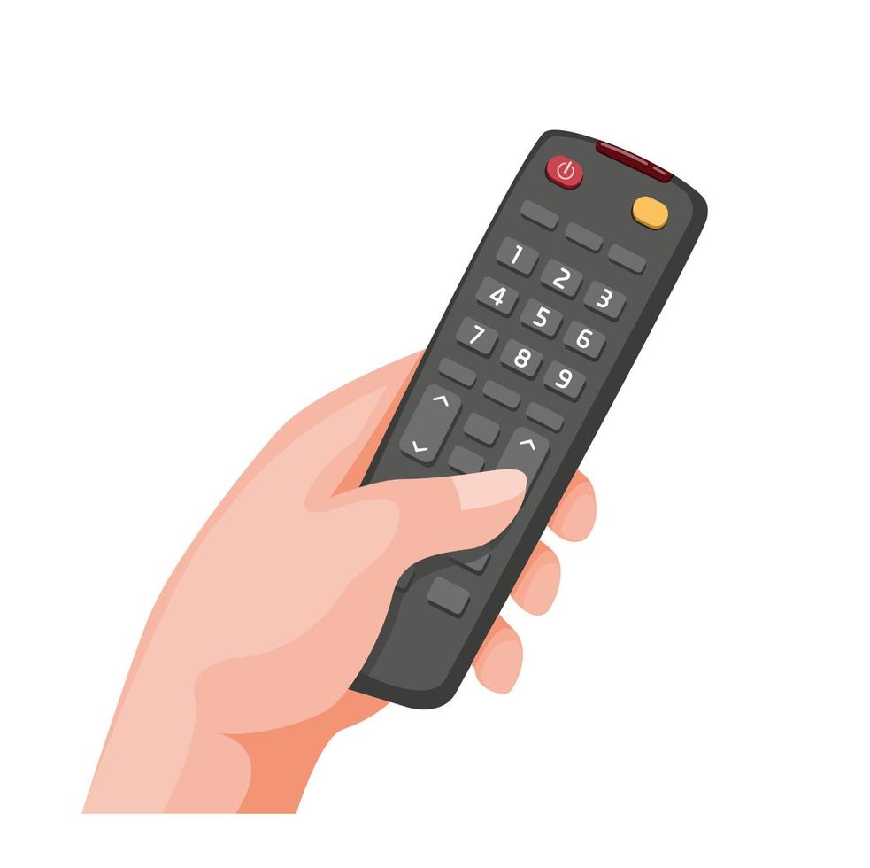 main tenant le symbole de la télévision à distance dans le vecteur d'illustration de dessin animé isolé sur fond blanc