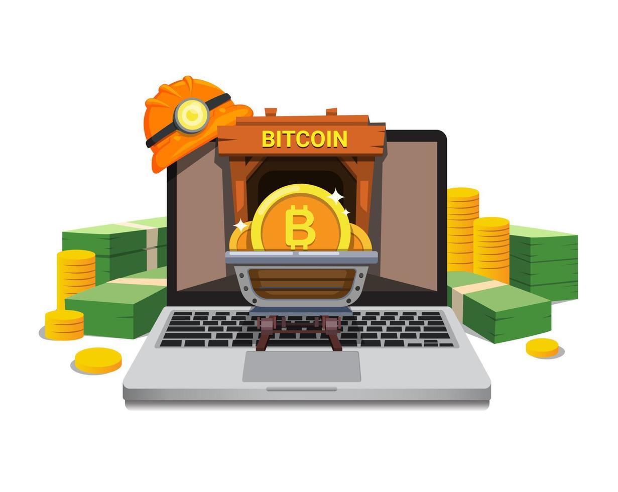 entreprise minière de bitcoin avec ordinateur portable et argent concept cartoon illustration vecteur
