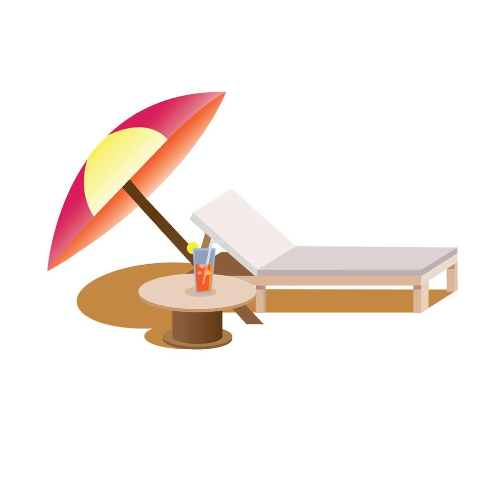 Chaise longue de canapé de lit de soleil sous le parapluie avec la boisson non alcoolisée, illustration de vacances d'été de vacances de bain de soleil vecteur