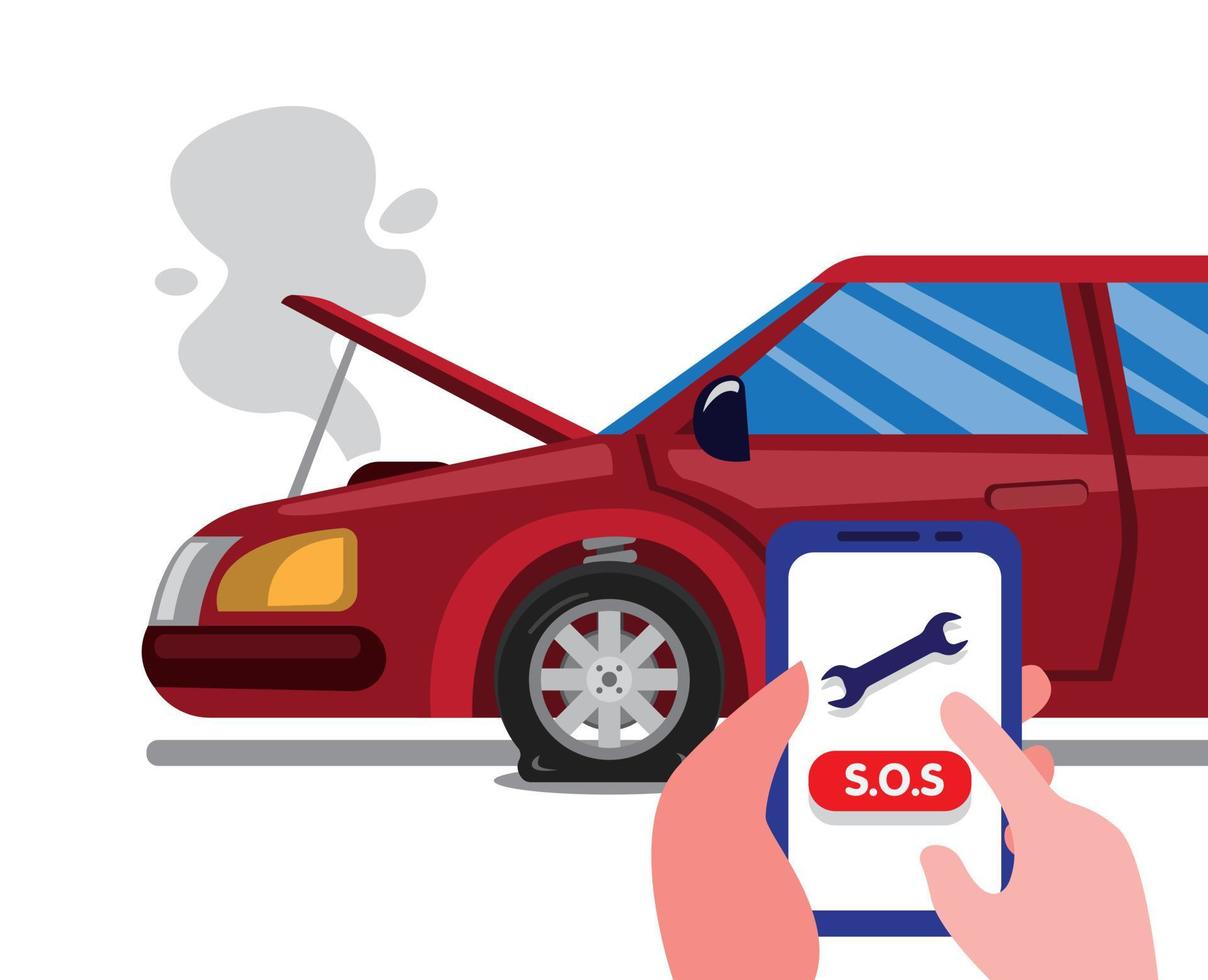 appelez l'assistance d'urgence routière à l'aide d'un smartphone dans un accident de voiture. concept de service d'assurance automobile dans le vecteur d'illustration plat de dessin animé isolé sur fond blanc