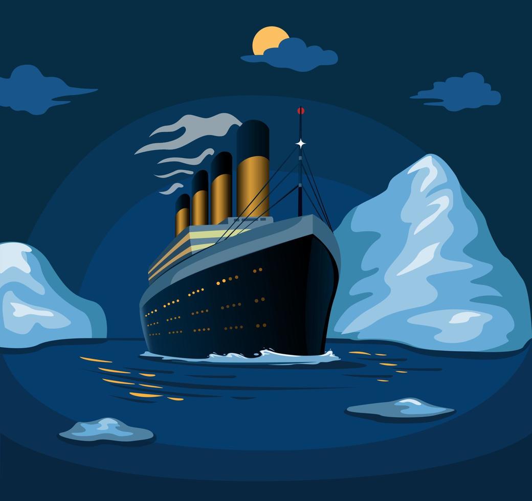 bateau de croisière titanesque naviguant dans l'iceberg de la mer dans l'illustration de la scène de nuit dans le vecteur de dessin animé