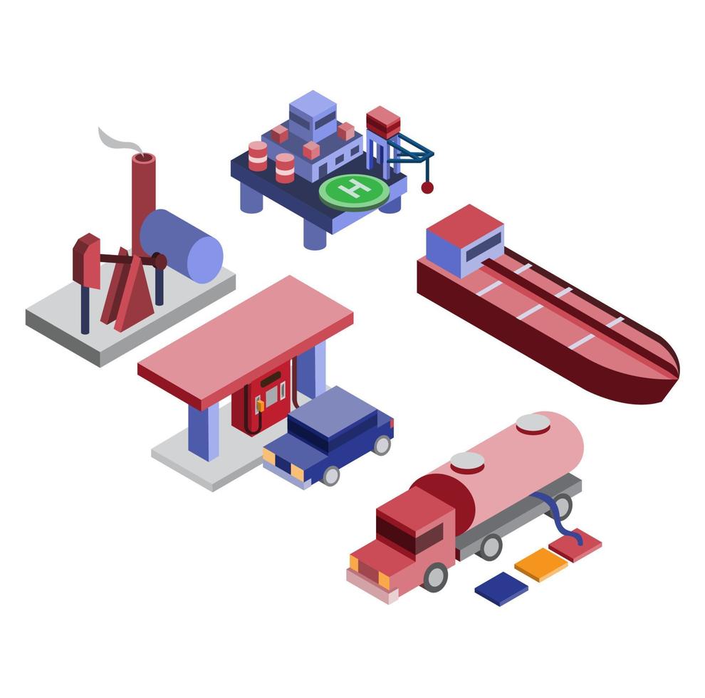 industrie pétrolière isométrique de gaz de pétrole, station-service, jeu d'icônes vecteur