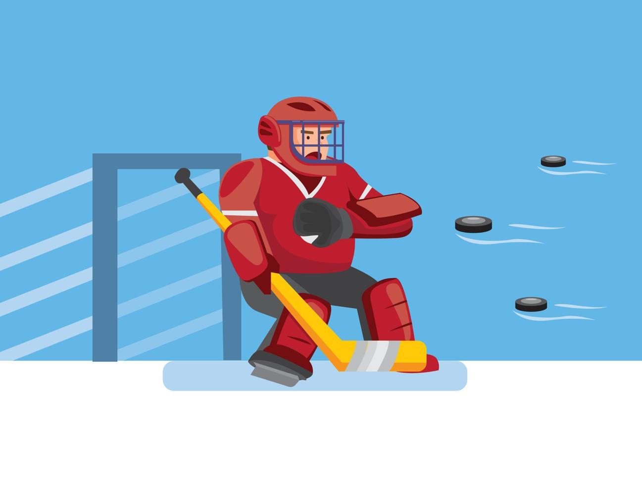 gardien de but de hockey sur glace essaie d'attraper de nombreuses rondelles, personnage de gardien de hockey dans un jeu de sport de hockey sur glace avec un fond bleu dans un vecteur modifiable d'illustration plate de dessin animé