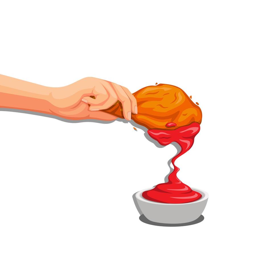 main mettre du poulet frit croustillant à la sauce tomate, concept de symbole de produit alimentaire dans le vecteur d'illustration de dessin animé