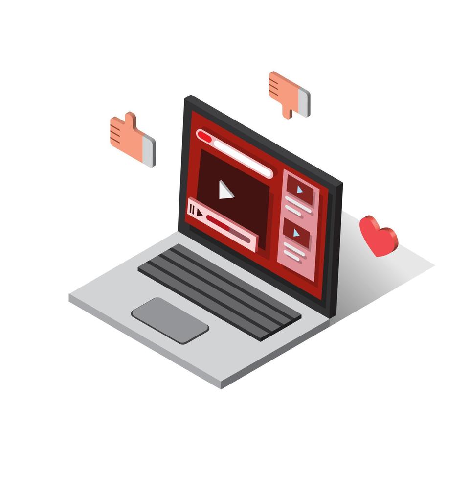 ordinateur portable avec site Web de streaming vidéo avec icône d'amour vers le haut et vers le bas dans un vecteur d'illustration plat isométrique isolé sur fond blanc