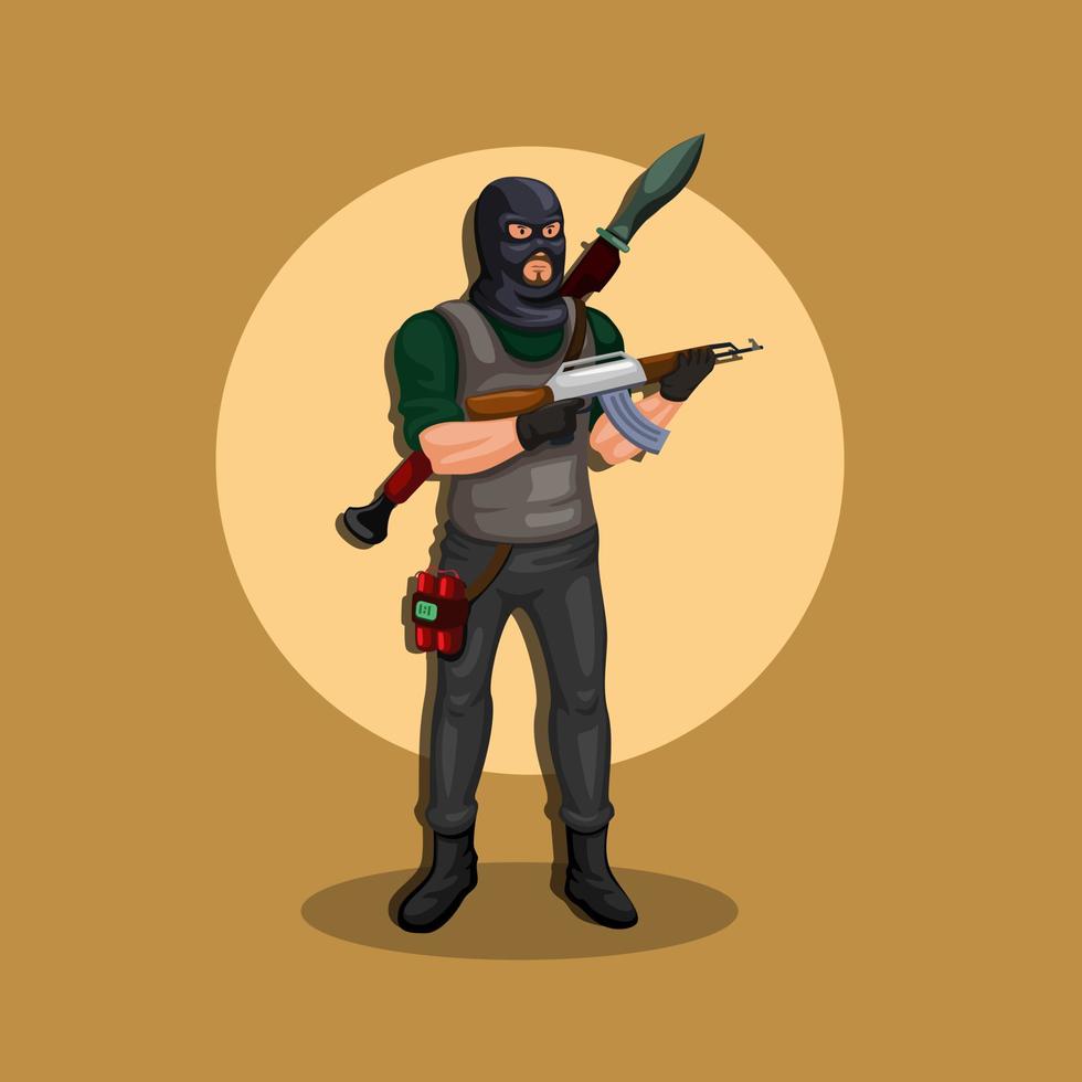 le terroriste porte un masque armé d'une arme, d'un lance-roquettes et d'une bombe. illustration de caractère concept en vecteur de dessin animé