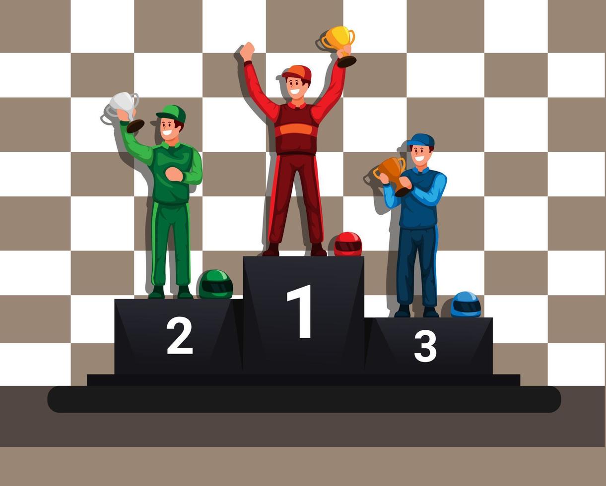 racer vainqueur champion en podium coupe thropy cérémonie de remise des prix cartoon illustration vecteur