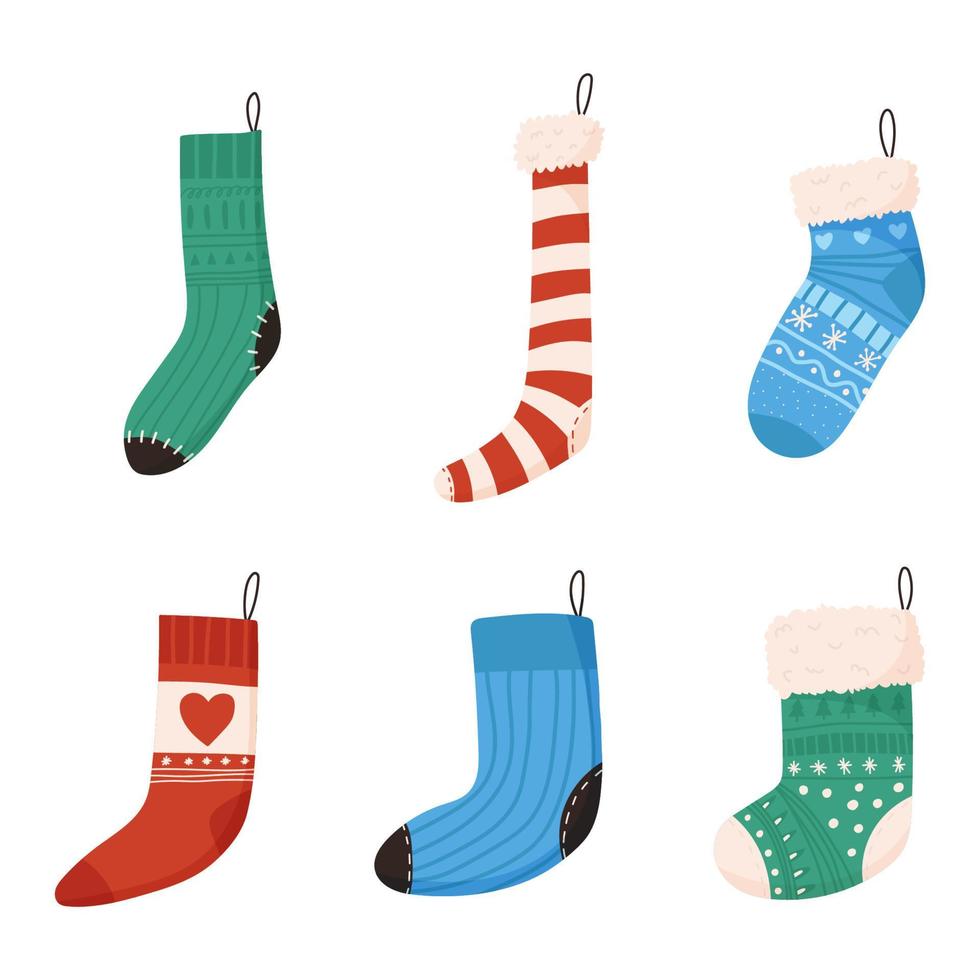 ensemble de jolies chaussettes de Noël pour les cadeaux, illustration vectorielle plane isolée sur fond blanc. bas dessinés à la main avec ornement de vacances d'hiver. vecteur